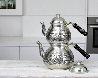Tetera y tetera turca de cobre hecha a mano: tetera grabada para cocina, tetera tradicional de cobre
