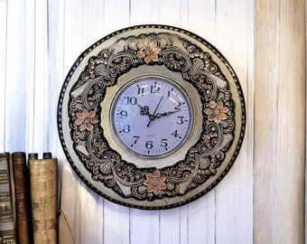 Handmade Copper Wall Clock: Engraved Floral Art Decor