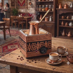 Op de afbeelding: Een koperen koffiezetapparaat met een gehamerde afwerking en een lange steel staat op een vierkante verwarmingsbasis met zwarte geometrische patronen. Er stijgt stoom uit de pot. Twee keramische kopjes koffie en een kom bonen staan ernaast.