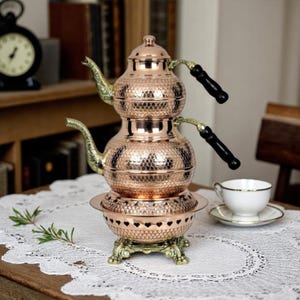Handmade Turkish Copper Teapot with Warmer: Engraved Tea Kettle Samovar