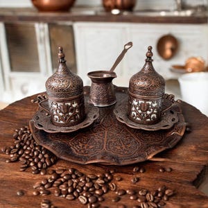 Turkish Coffee Set, Traditional Turkish Coffee Cups and Copper Coffee Pot , Copper Coffee Set, Home and Kitchen Decor