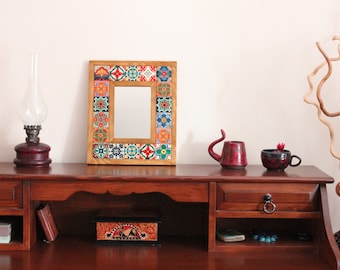 Handmade Talavera Tile Mirror: Mexican Mosaic Art Deco Wall Decor