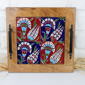 Handmade Wooden Tile Tray, Coffee Serving Wood Tray, Decorative Serving Tray, Wooden Tray, Boho Tile Tray, Iznik Tile Tray, Bohemian Tray,