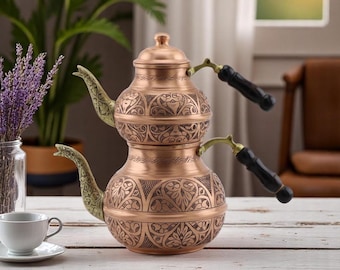 Handmade Turkish Copper Teapot: Engraved Tea Kettle Samovar