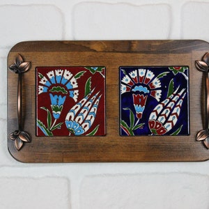 Handmade Wooden Tile Tray with handles, Coffee Serving Wood Tray, Decorative Serving Tray, Wooden Tray , Boho Tile Tray, Iznik Tile Tray