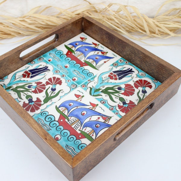 Handmade Wooden Tile Tray, Ottoman Desing Wood Tray, Decorative Serving Tray, Wooden Tray , Boho Tile Tray, Iznik Tile Tray, Bohemian Tray,