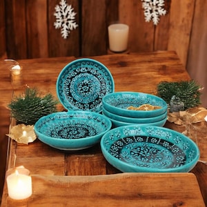 8 &#39;&#39; Turkish Handmade Turquoise Ceramic Dinner Plates – Pottery Serving Set, Hand-Painted Platter