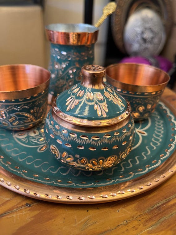 Copper Bosnian Coffee Set, Traditional Turkish Coffee Cups and