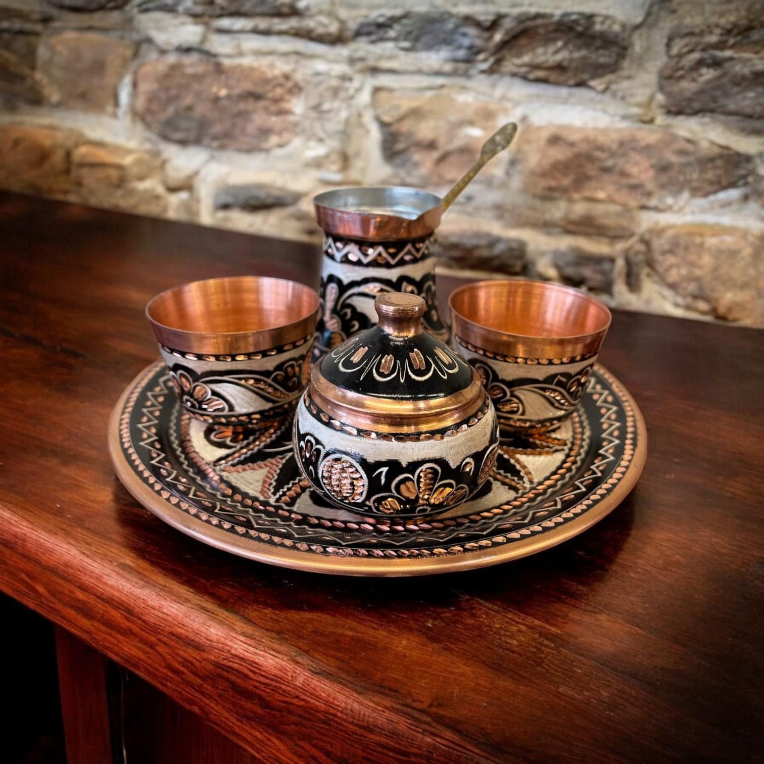 Copper Bosnian Coffee Set, Traditional Turkish Coffee Cups and