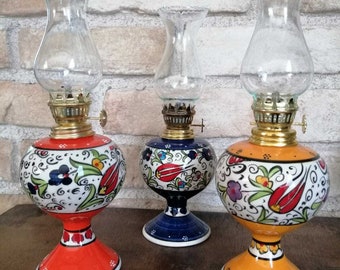Juego de 3 - Lámpara de queroseno de aceite de cerámica pintada a mano hecha a mano