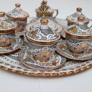 Handmade Copper Turkish Coffee Set: Ottoman Espresso Cups, Sugar Bowl & Tray
