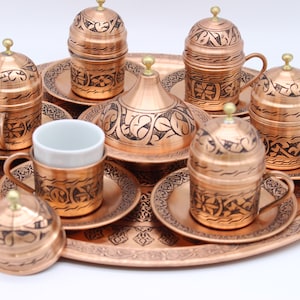 Handmade Copper Turkish Greek Coffee Espresso Serving Set for 6 People