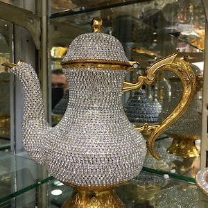 Authentic Handmade Copper Crystals Coated Teapot Ibrik Pitcher Gold Color