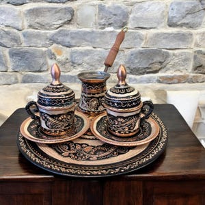 Turkish Coffee Set, Traditional Turkish Coffee Cups and Copper Coffee Pot , Copper Coffee Set, Home and Kitchen Decor