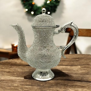 Authentic Handmade Copper Crystals Coated Teapot Ibrik Pitcher Silver Color