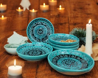 Handmade Turkish Turquoise Ceramic Dinner Plates: Hand-Painted Pottery Set