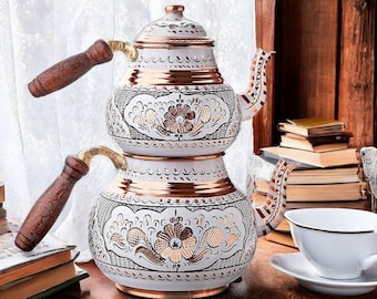 Bule turco de cobre gravado à mão – Cabo de madeira, tradicional para fogão.