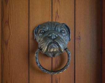 Brass Bulldog Head Door Knocker 7.08 in, Front Door Ornament, Solid Brass Dog Head Door Knocker