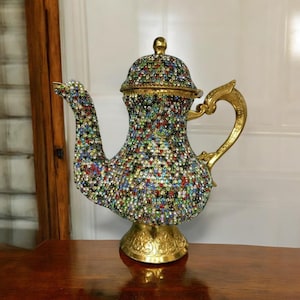 Authentic Handmade Copper Crystals Coated Teapot Ibrik Pitcher Gold Color