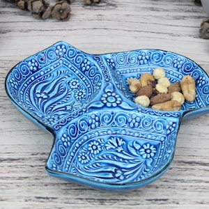 Handmade Turkish Ceramic Divided Serving Bowl: Tapas, Nuts, Snacks