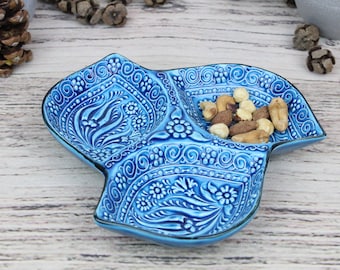 Handmade Turkish Ceramic Divided Serving Bowl: Tapas, Nuts, Snacks
