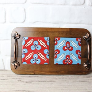 Handmade Wooden Tile Tray with Handles, Coffee Serving Wood Tray, Decorative Serving Tray, Wooden Tray , Boho Tile Tray, Iznik Tile Tray