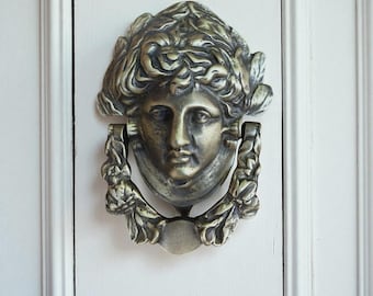 Brass Roman Face Door Knocker 7.85in, Front Door Ornament, Brass Door Knocker