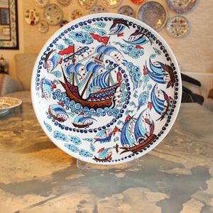 16&#39;&#39; Turkish Iznik Tile Ceramic Plate - Galleon Ship Painting -  Wall Hanging Plate - Hand Painted Turkish Pottery - Wall Decor - 16&#39;&#39; 40cm