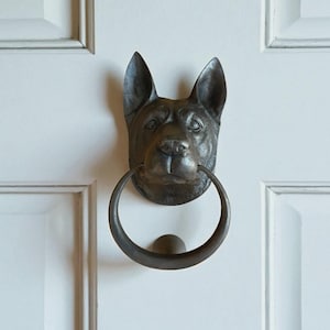 Solid Brass Dog Head Door Knocker 7.05 in, Front Door Ornament, Vintage Dog Door Knocker
