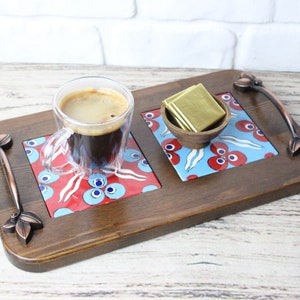 Unique Wooden Tile Tray with Handles, Turkish Desing Wood Tray, Decorative Serving Tray, Wooden Tray, Boho Tile Tray, Iznik Tile Tray