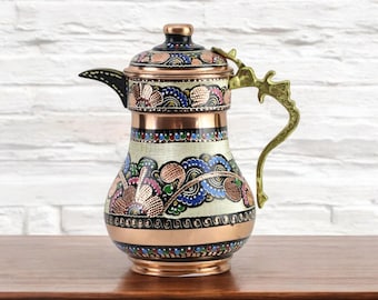 Copper Pitcher Carafe with Lid, Copper Water Dispenser, Turkish Pitcher
