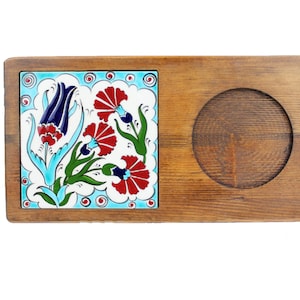 Turkish Handmade Ceramic Coffee Cup Presentation Wooden Serving Tray, Iznik Tile Coffee Serving Tray, Wooden Coffee Mug Serving Wooden Tray