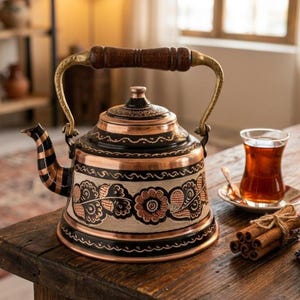 May include: A copper and black metal tea kettle featuring an ornate floral pattern, a brass-toned handle with a wooden grip, and a matching lid. The kettle has a wide base and a curved spout, showcasing intricate engraved details throughout the surface.