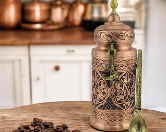 Barattoli da cucina in rame fatti a mano / Barattoli turchi incisi da 1 litro / Contenitori per spezie / Arredamento rustico per la casa / Regalo di Natale - Italia
