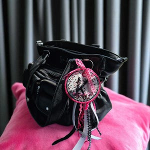 Personalized Round Shaker Bag Tag, Custom Initial Bag Charm with Sequins and Ribbon