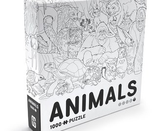 May include: A white puzzle box featuring a black and white illustration of diverse animals. The word "ANIMALS" is printed in large black letters, with "1000+ PUZZLE" below. The box design includes a turtle, orangutan, and snow leopard, among other creatures.