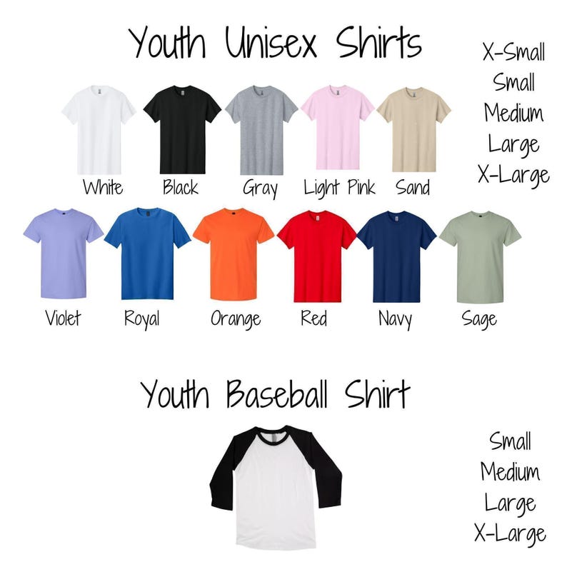 a collection of youth unisex shirts in various colors and sizes, including a youth baseball shirt.