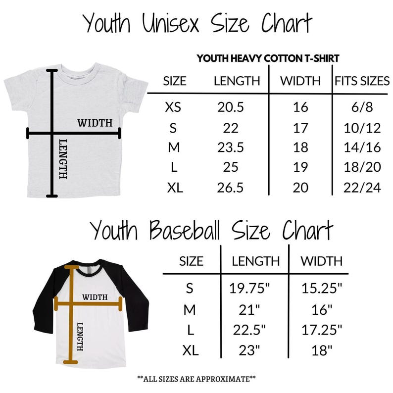 a youth size chart for t-shirts, including measurements for different age groups. The chart provides the size, length, and width for various age groups, such as "XS", "S", "M", "L", "XL", and "XXL". The chart also includes a youth baseball size chart with measurements for different age groups, such as "S", "M", "L", "XL", and "XXL". The chart is designed to help parents and caregivers determine the appropriate size for a child based on their age and height.