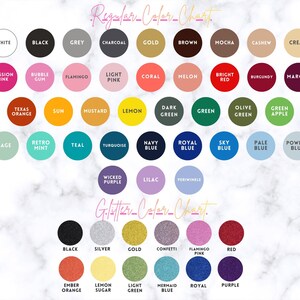 a color chart with various shades of colors, including white, black, grey, gold, brown, coral, bright red, maroon, cream, and orange soda. The chart also includes a glittery color chart with glittery colors like silver, gold, confetti, flamingo, red, maroon, and purple.