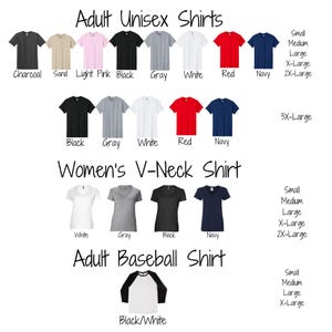 a variety of adult unisex shirts in different colors and sizes, including black, white, and navy, as well as a black and white baseball shirt.