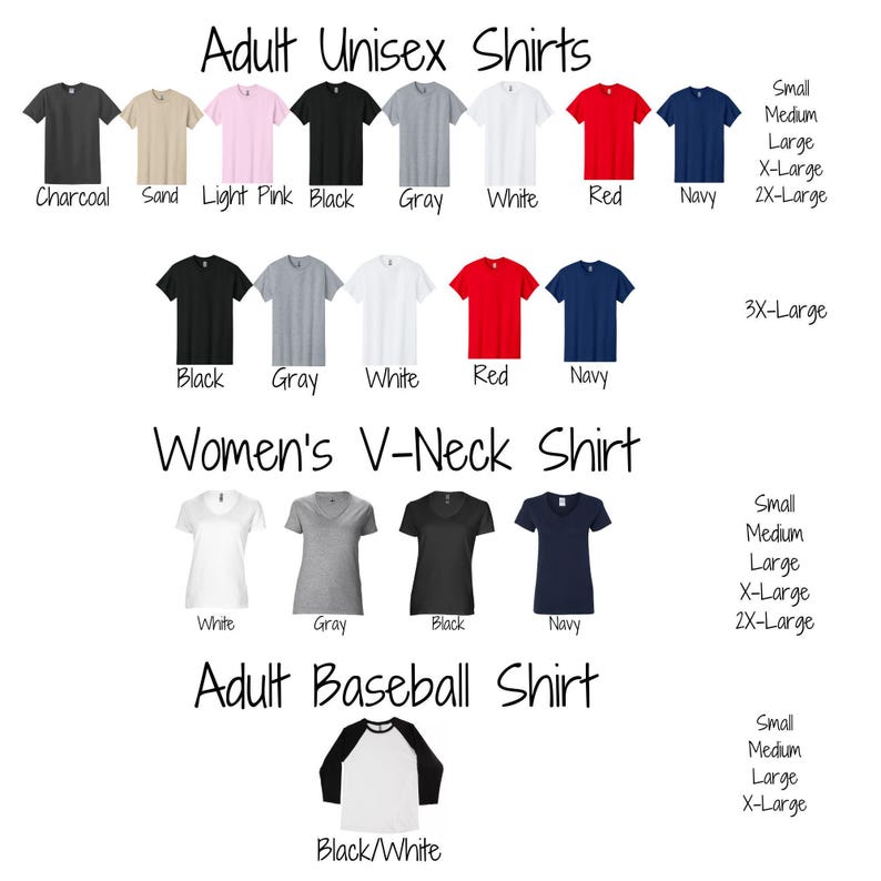 a variety of adult unisex shirts in different colors and sizes, including black, white, and navy, as well as a black and white baseball shirt.