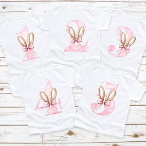 May include: Five white t-shirts with pink numbers 1 through 5. Each number has bunny ears and a pink bow. The shirts are on a light wood-grain surface. Perfect for Easter or a birthday.