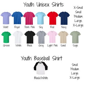 a collection of youth unisex shirts in various colors and sizes, including a youth baseball shirt.