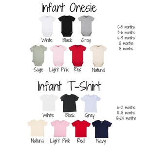 a collection of baby clothing items, including onesies and t-shirts, with different colors and designs. The text provides information about the age range of the clothing items, such as "Infant Onesie" and "Infant T-Shirt", along with the corresponding color options and age range for each item.