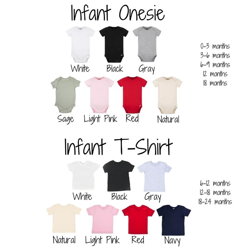 a collection of baby clothing items, including onesies and t-shirts, with different colors and designs. The text provides information about the age range of the clothing items, such as "Infant Onesie" and "Infant T-Shirt", along with the corresponding color options and age range for each item.