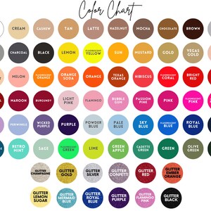 a color chart with various shades of colors, including white, black, grey, gold, brown, coral, bright red, maroon, cream, and orange soda. The chart also includes a glittery color chart with glittery colors like silver, gold, confetti, flamingo, red, maroon, and purple.