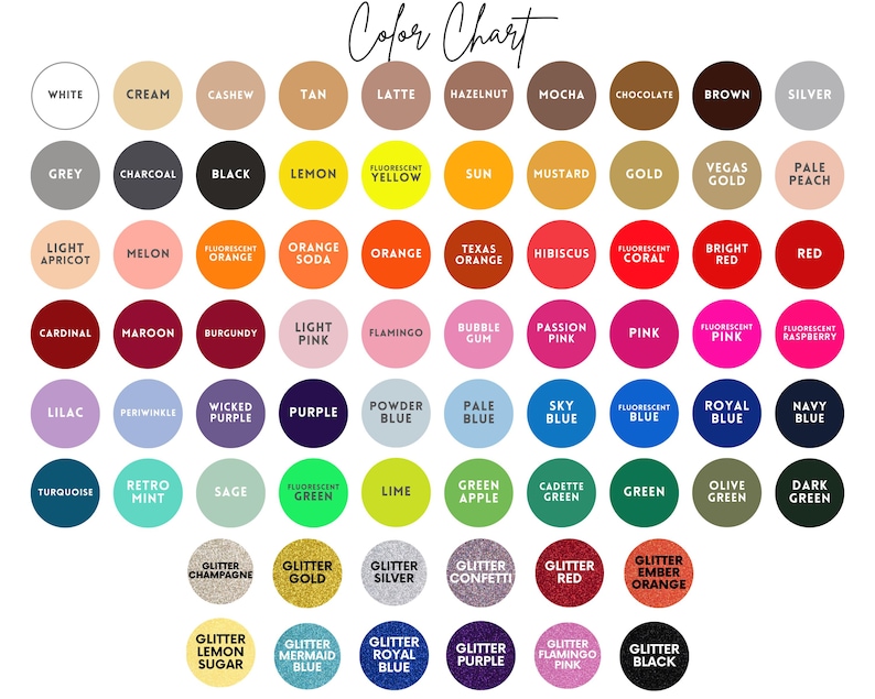 a color chart with various shades of colors, including white, black, grey, gold, brown, coral, bright red, maroon, cream, and orange soda. The chart also includes a glittery color chart with glittery colors like silver, gold, confetti, flamingo, red, maroon, and purple.