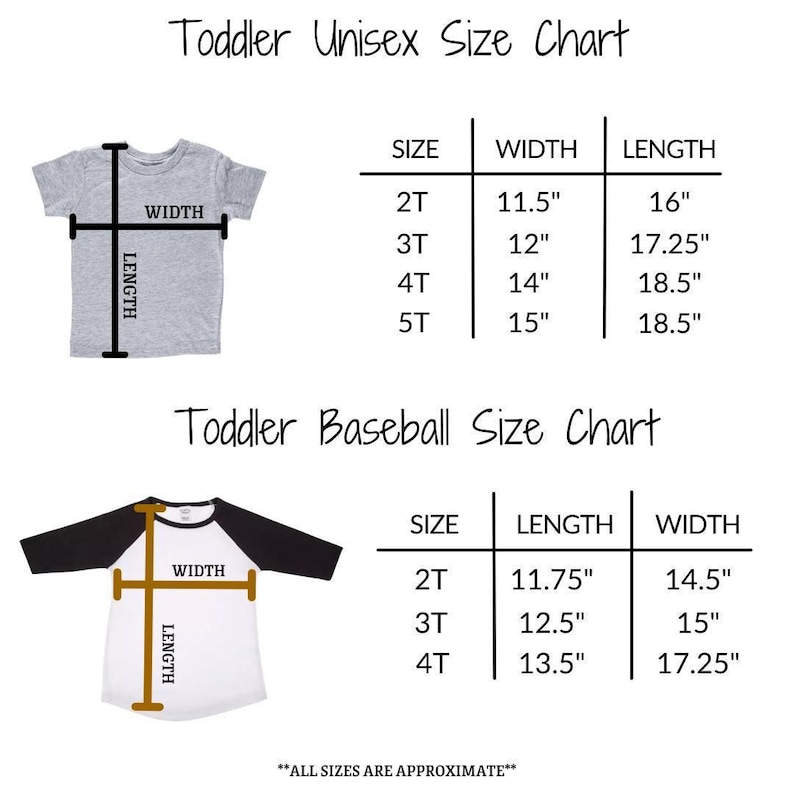 two size charts for children's clothing: a toddler size chart for shirts and a toddler baseball size chart for shirts. The charts provide measurements for different age groups, including height and length, to help parents and caregivers choose the appropriate size for their child.