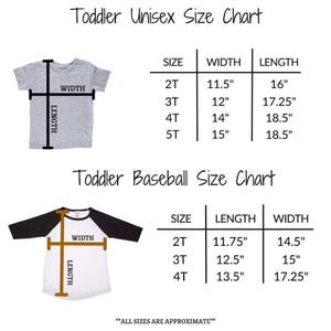 two size charts for children's clothing: a toddler size chart for shirts and a toddler baseball size chart for shirts. The charts provide measurements for different age groups, including height and length, to help parents and caregivers choose the appropriate size for their child.