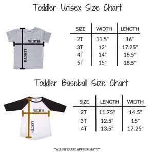 two size charts for children's clothing: a toddler size chart for shirts and a toddler baseball size chart for shirts. The charts provide measurements for different age groups, including height and length, to help parents and caregivers choose the appropriate size for their child.